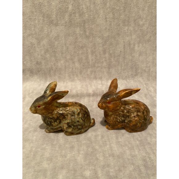 Vintage Set of 2 Ceramic Bunny Rabbits made in Japan‎ Brown & Teal #9WT68 - Picture 2 of 8